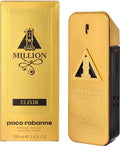 Paco Rabanne Million Elixir perfume shown with its gold box and matching rectangular bottle, both featuring a metallic gold finish with black branding details.