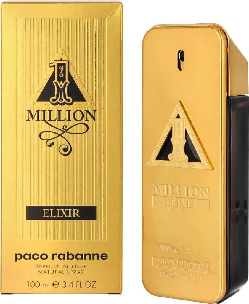 Paco Rabanne Million Elixir perfume shown with its gold box and matching rectangular bottle, both featuring a metallic gold finish with black branding details.