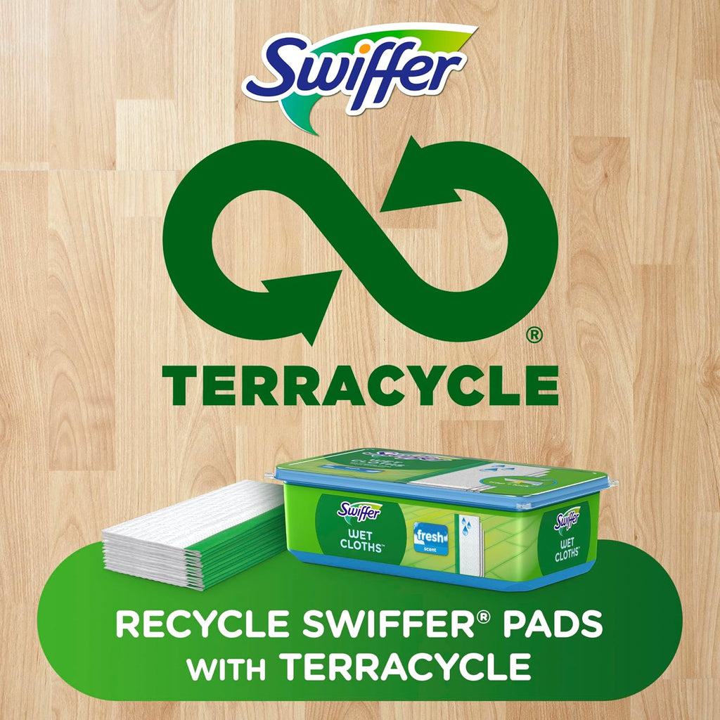 Swiffer Terracycle recycling program on a wooden floor background
