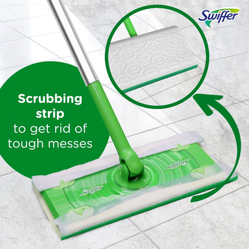 Green Swiffer sweeper with scrubbing strip on a tiled floor, highlighting the scrubbing strip feature.