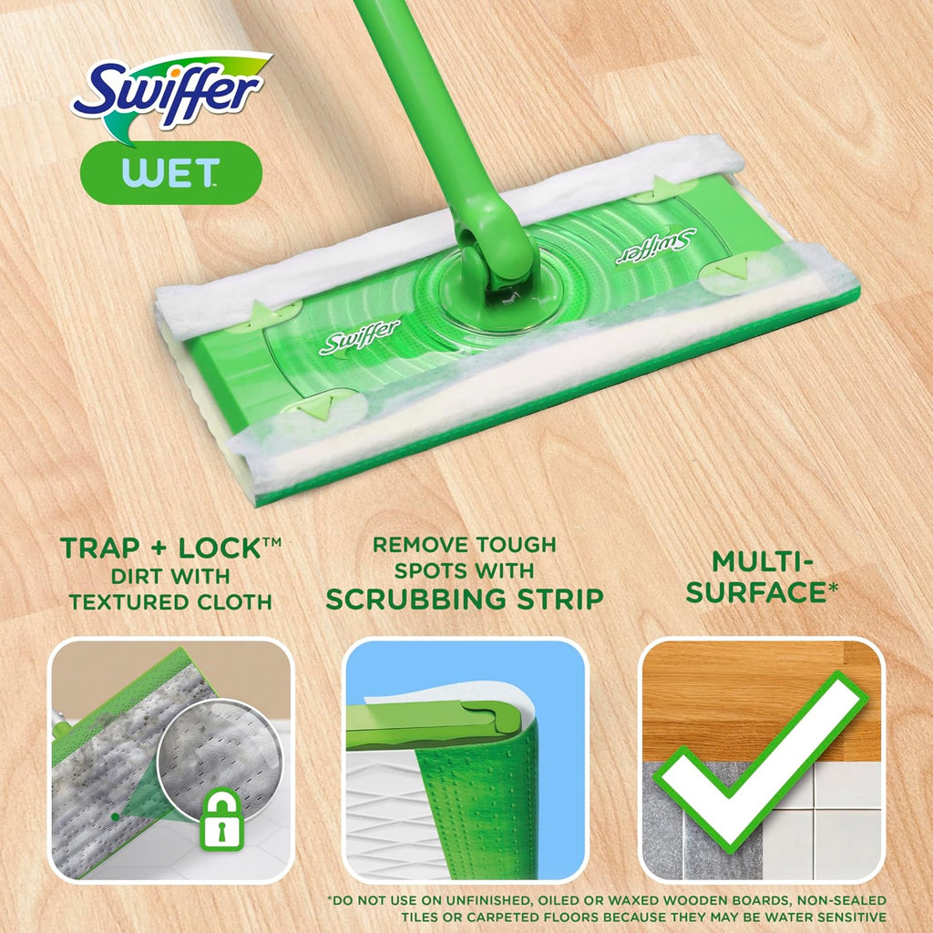 Swiffer Wet floor cleaning tool on a wooden floor with features highlighted.