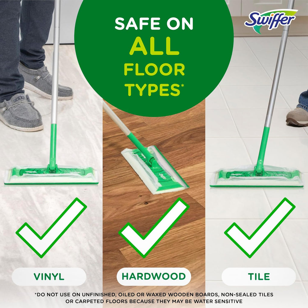 Swiffer mop cleaning vinyl, hardwood, and tile floors with a green circle indicating 'Safe on all floor types'.