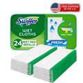 A package of Swiffer Wet Cloths fresh scent 24-wet pad refills, shown with two stacks of the white and green refill pads in front of the retail box on a white background. A 'Free Shipping in the U.
