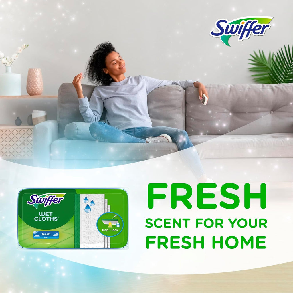 Woman sitting on a couch with Swiffer wet cloths packaging and text 'Fresh Scent for Your Fresh Home' in a home setting.