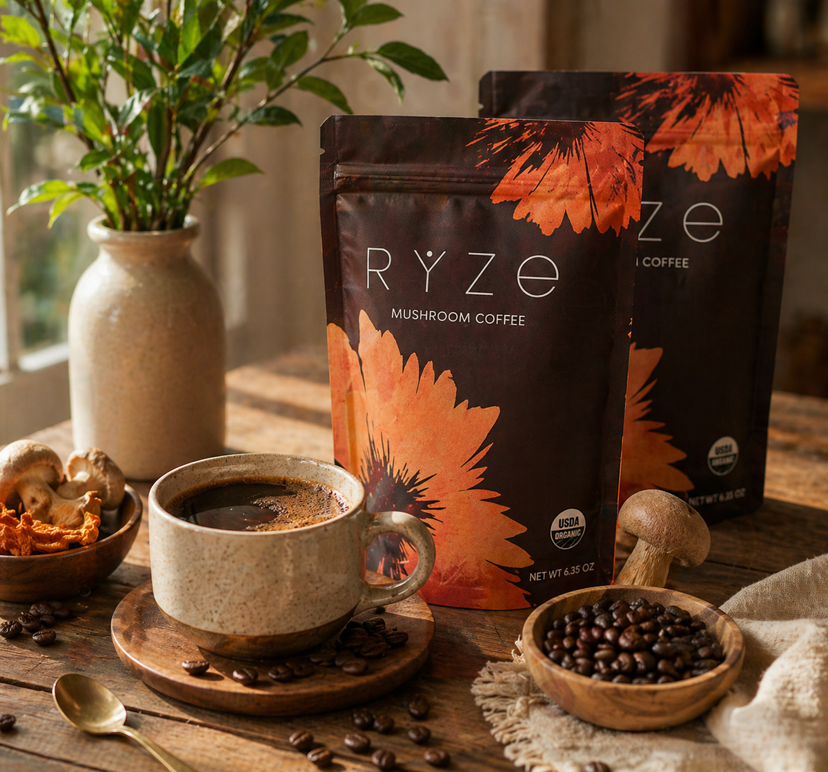Two bags of RYZE Mushroom Coffee on a rustic wooden table, styled with a cup of coffee, bowls of mushrooms and coffee beans, and a potted plant in the background.