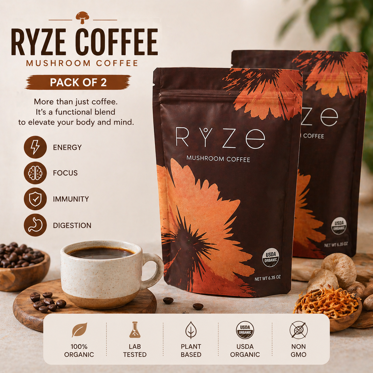 Two stand-up pouches of Ryzé Mushroom Coffee are shown on a styled tabletop with coffee beans, a cup of coffee, and mushrooms. The packaging is dark brown with a large orange flower graphic and white Ryzé branding.