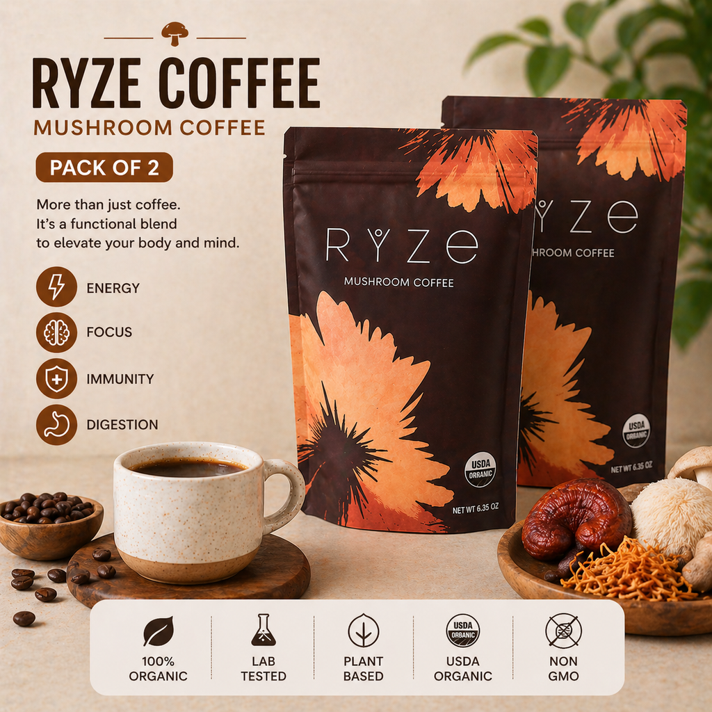 Two bags of RYZE Coffee Mushroom Coffee shown on a styled tabletop with a cup of coffee, coffee beans, dried mushrooms, and text callouts about energy, focus, immunity, and digestion.