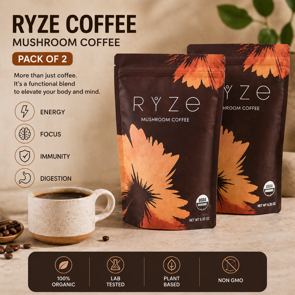 Two bags of RYZE Coffee Mushroom Coffee in a pack of 2, displayed on a wooden surface next to a cup of coffee, with promotional text and icons on the left and a feature banner at the bottom.