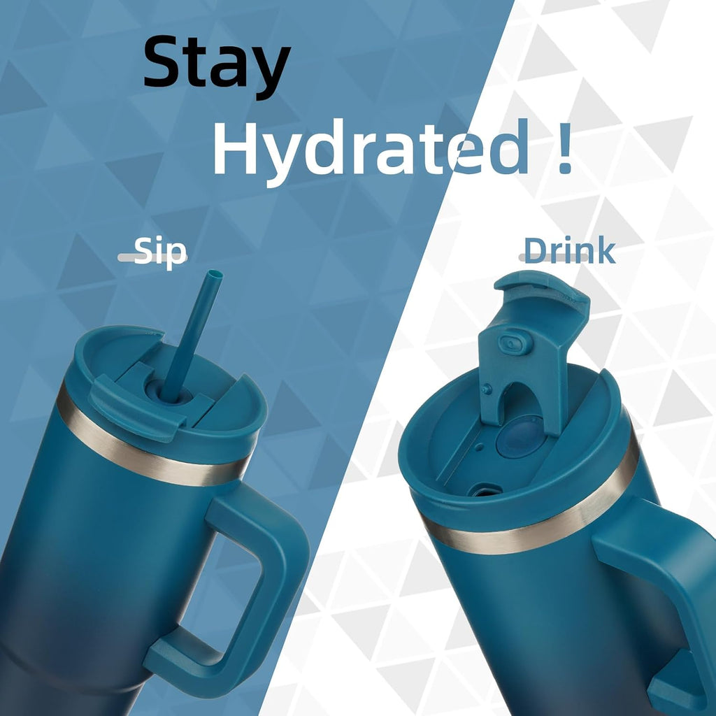 Blue water bottles with sippy and drink tops on a geometric patterned background with 'Stay Hydrated!' text.