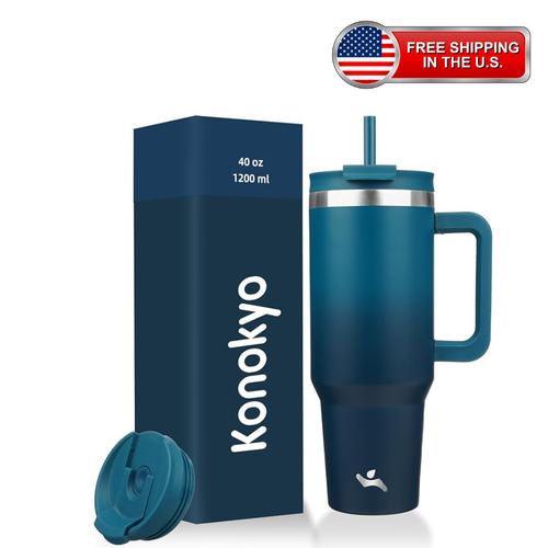 A 40 oz insulated travel tumbler with a handle, shown next to its dark blue packaging box and a separate lid. The tumbler features a blue-to-dark-navy gradient finish with a silver metallic band near the lid.