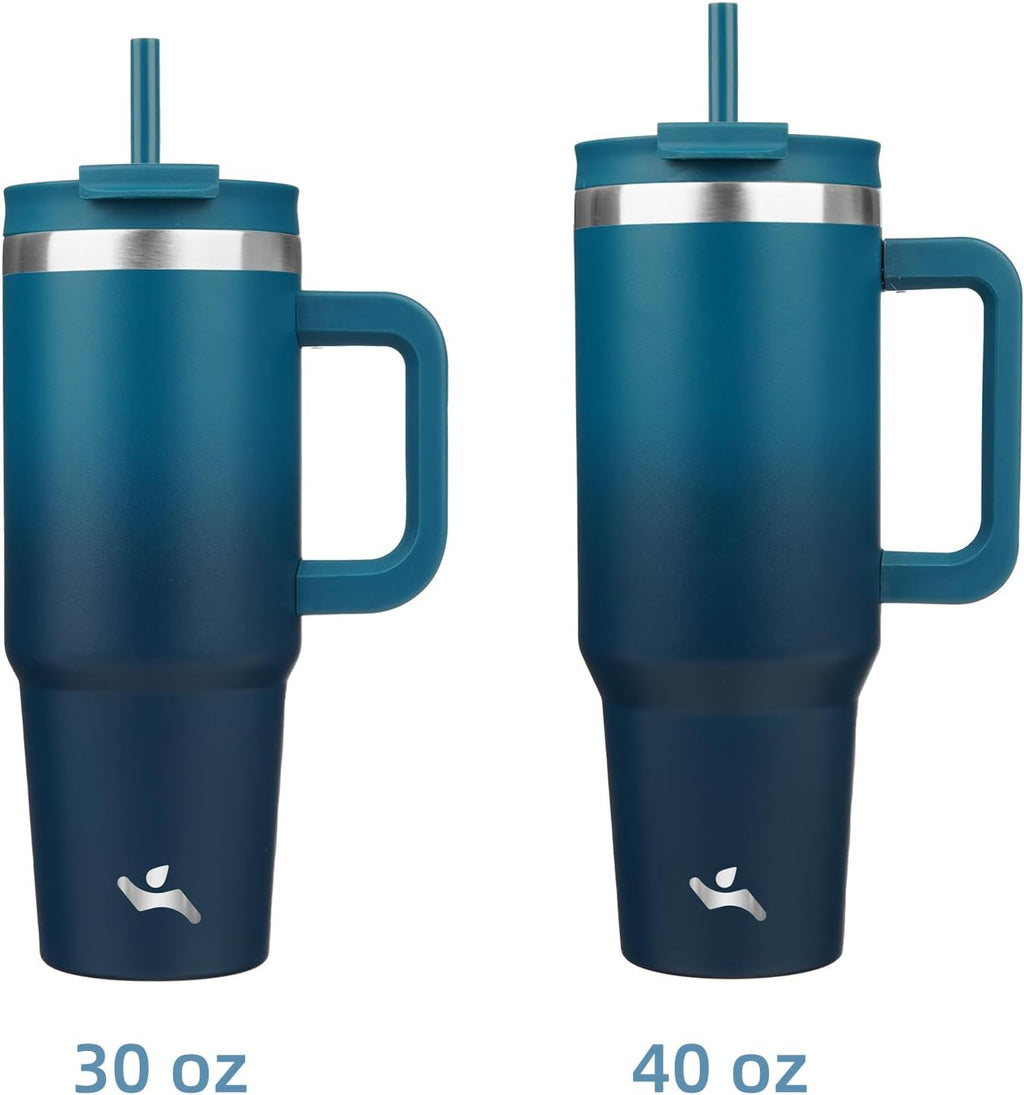 Two blue insulated travel mugs with handles and straws, labeled 30 oz and 40 oz.