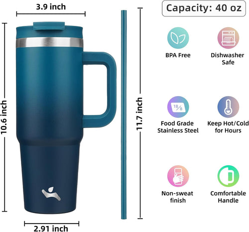 Blue travel mug with measurements and features listed on a white background
