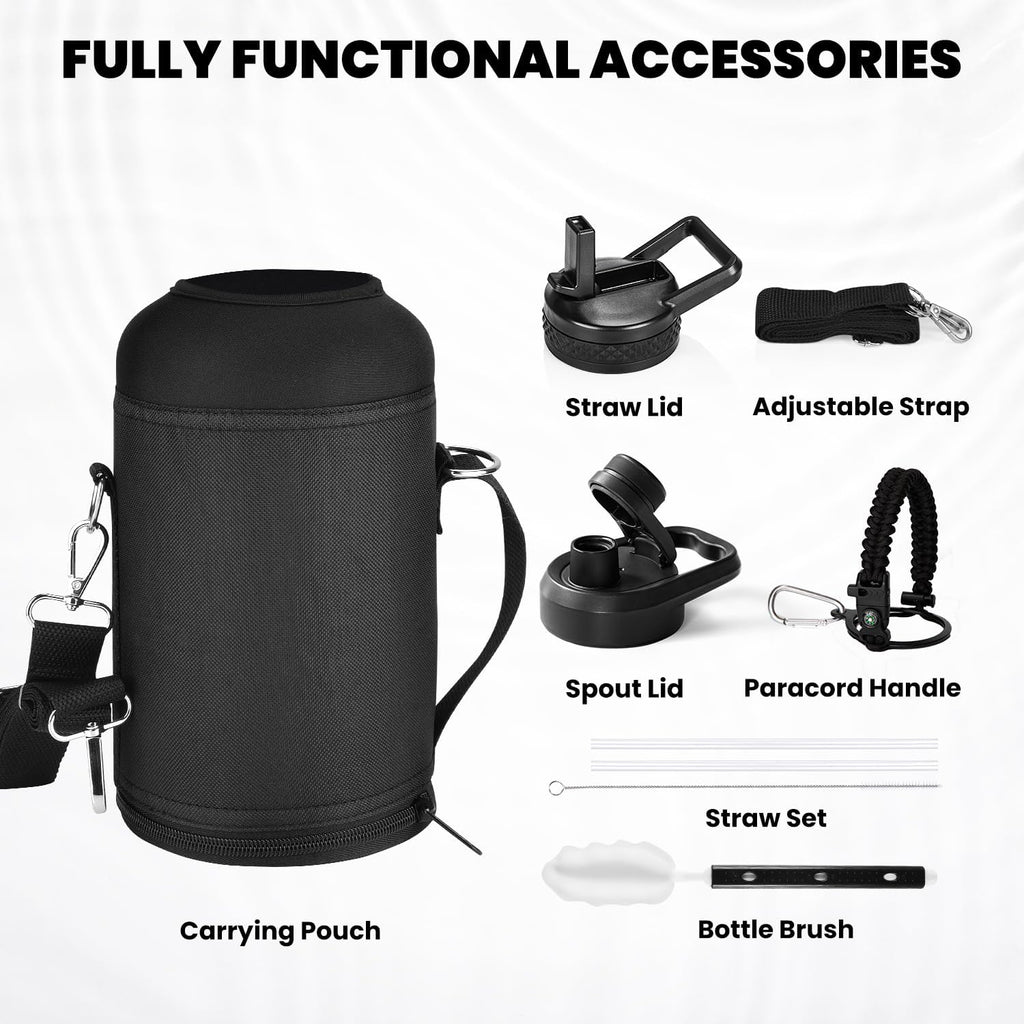 Black water bottle with accessories on a white background