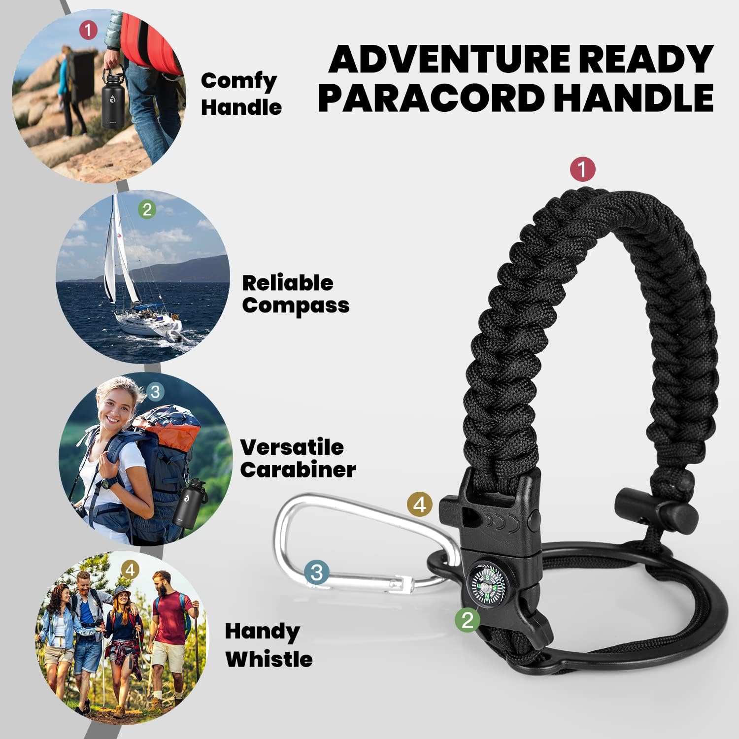 Paracord handle with features like comfy handle, reliable compass, versatile carabiner, and handy whistle on a white background.