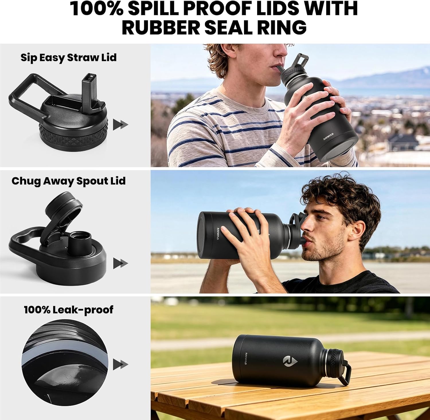 Promotional collage for spill-proof water bottle lids. The top text reads '100% SPILL PROOF LIDS WITH RUBBER SEAL RING.