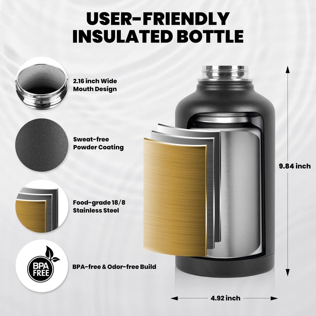 Insulated bottle with features highlighted on a white background