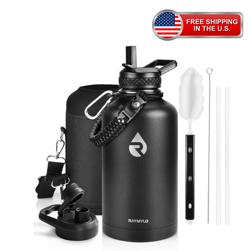 A matte black insulated water bottle with a matching black carrying case, shown on a white background with a detached lid, cleaning brush, straw, and straw holder. A red and silver 'FREE SHIPPING IN THE U.