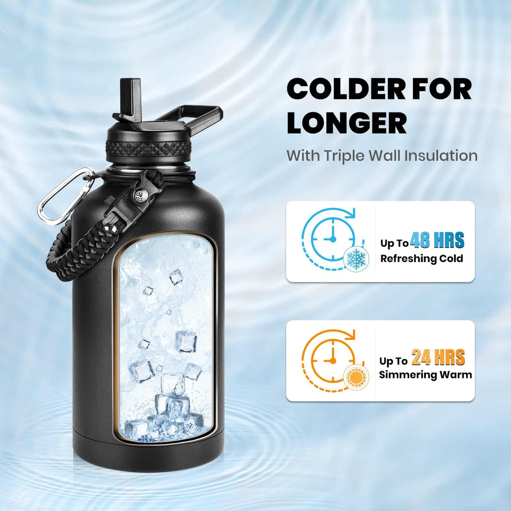 Black water bottle with ice cubes and text indicating cold retention and warming capabilities on a blue background.