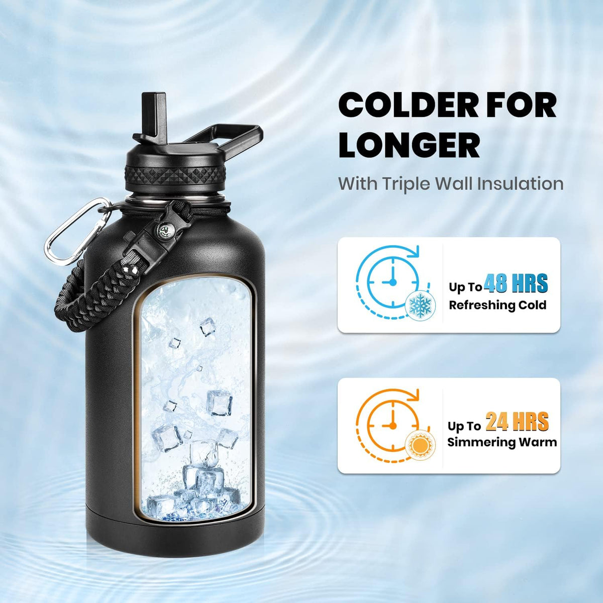 Black water bottle with ice cubes and text indicating cold retention and warming capabilities on a blue background.