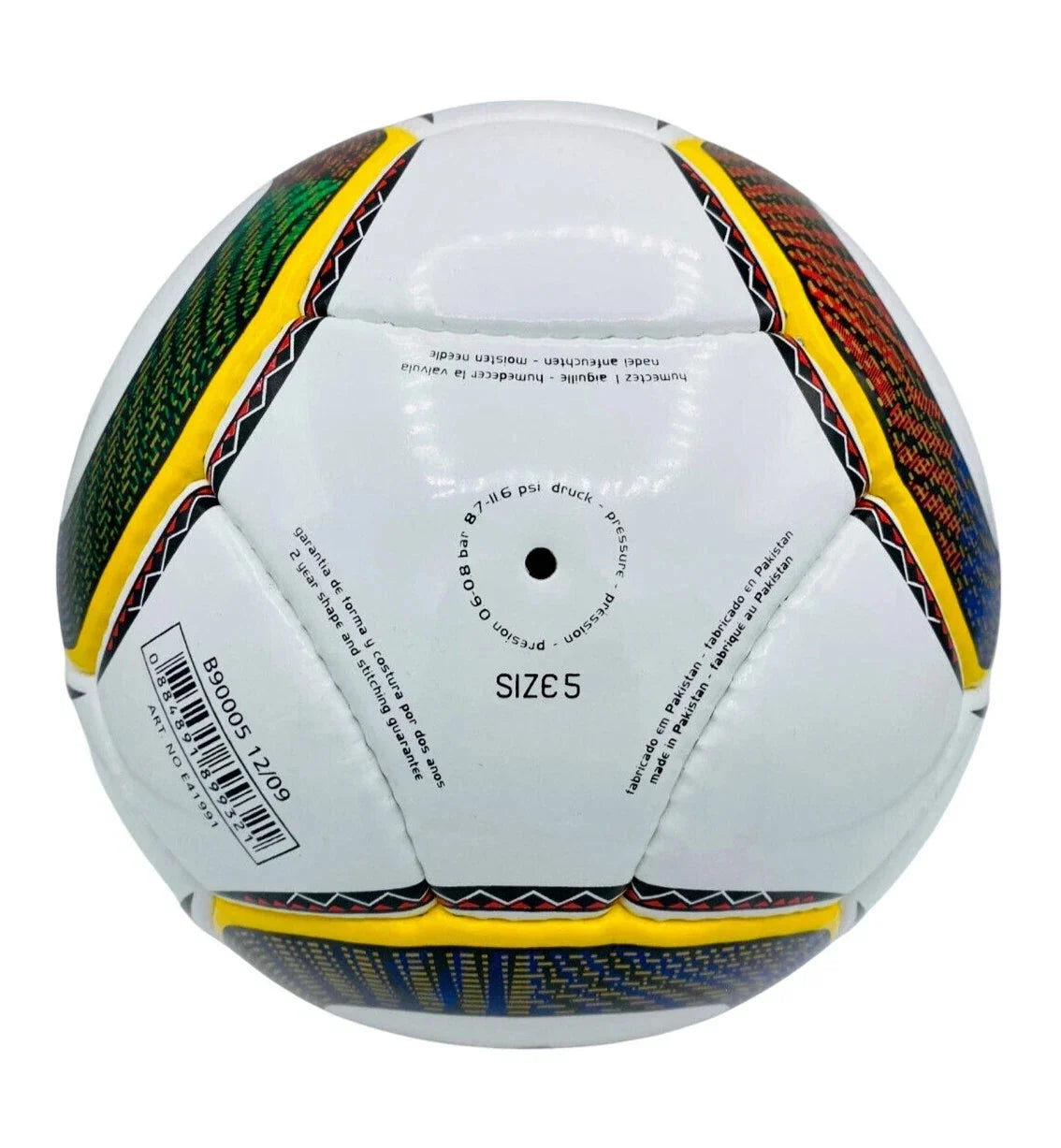 A white soccer ball with yellow, green, and blue patterned panels, photographed on a clean white background.