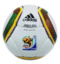 An Adidas Jabulani official match ball for the South Africa 2010 FIFA World Cup, featuring a white base with green, yellow, and red patterned panels and official event logos.