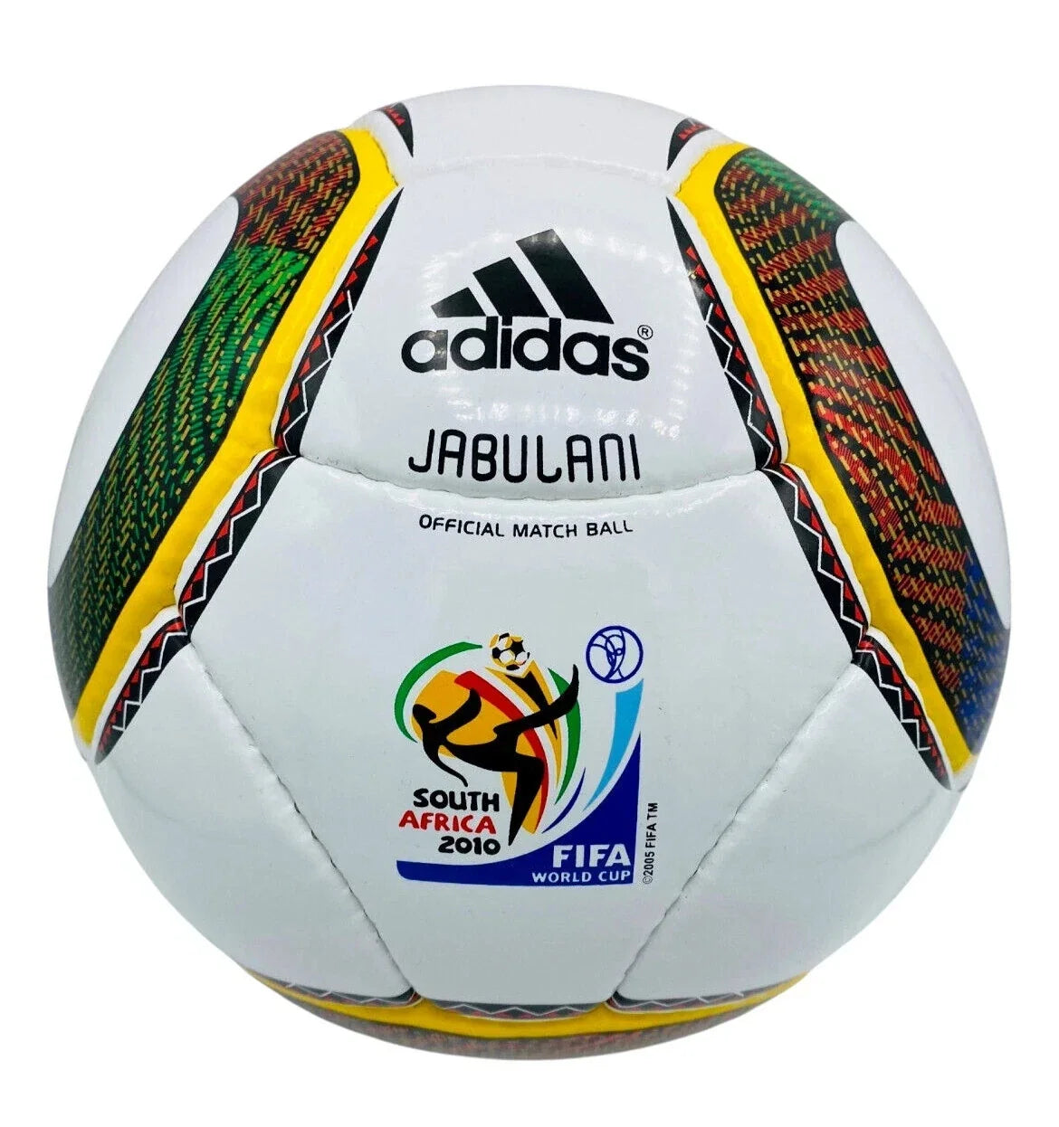 An Adidas Jabulani official match ball for the South Africa 2010 FIFA World Cup, featuring a white base with green, yellow, and red patterned panels and official event logos.