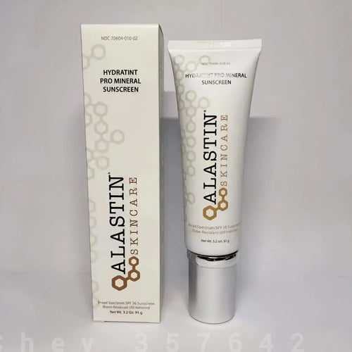 ALASTIN SKINCARE Hydratint Pro Mineral Sunscreen shown as a white squeeze tube with a silver cap next to its matching white packaging box on a light gray background.
