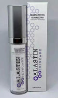 A bottle of Alastin Skincare Regenerating Skin Nectar next to its white packaging box, featuring a silver pump and purple hexagonal logo details.