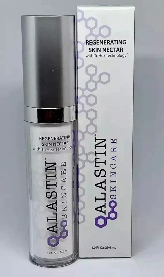 A bottle of Alastin Skincare Regenerating Skin Nectar next to its white packaging box, featuring a silver pump and purple hexagonal logo details.