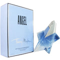 Thierry Mugler Angel Eau de Parfum 50ml bottle next to its light blue packaging box, featuring the iconic star-shaped glass bottle and bold black 'ANGEL' branding.