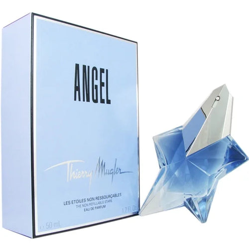 Thierry Mugler Angel Eau de Parfum 50ml bottle next to its light blue packaging box, featuring the iconic star-shaped glass bottle and bold black 'ANGEL' branding.