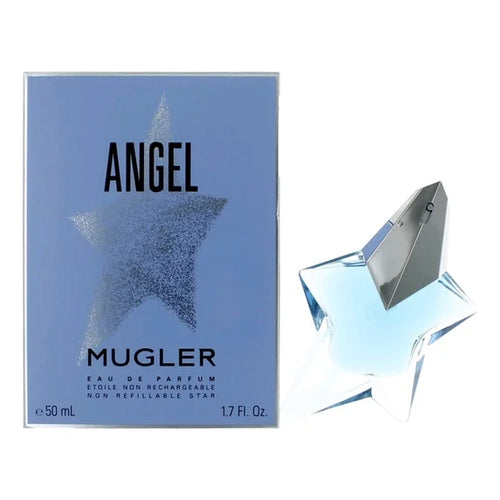 Mugler Angel perfume bottle and packaging on a white background