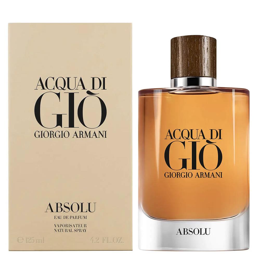 Giorgio Armani Acqua di Gio Absolu Eau de Parfum bottle with amber liquid and a dark wood cap, shown next to its beige packaging box.
