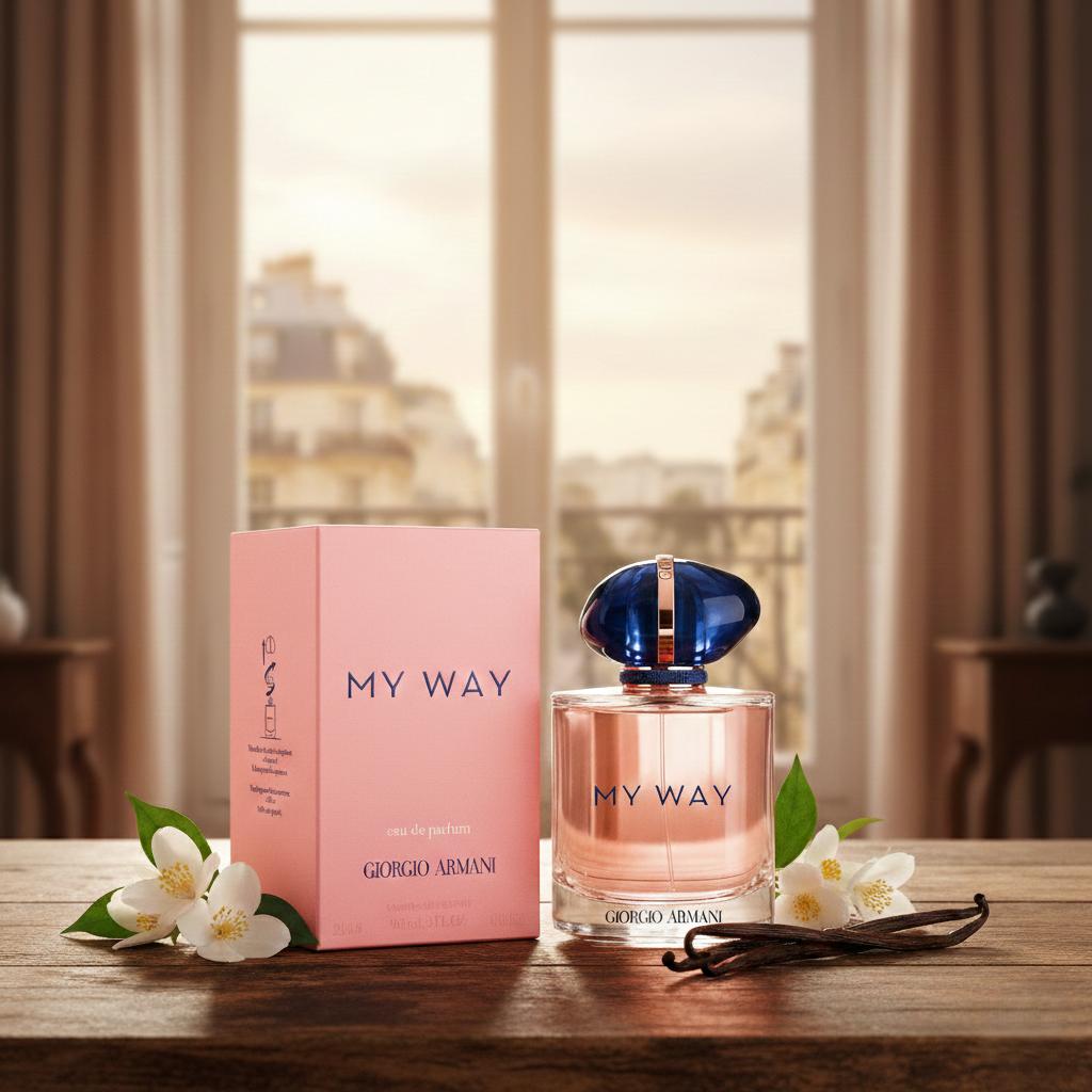 Giorgio Armani 'My Way' perfume bottle and packaging on a wooden table with flowers.