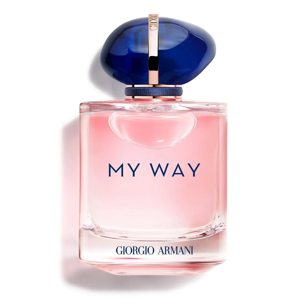Perfume bottle labeled 'My Way' with a blue cap on a white background