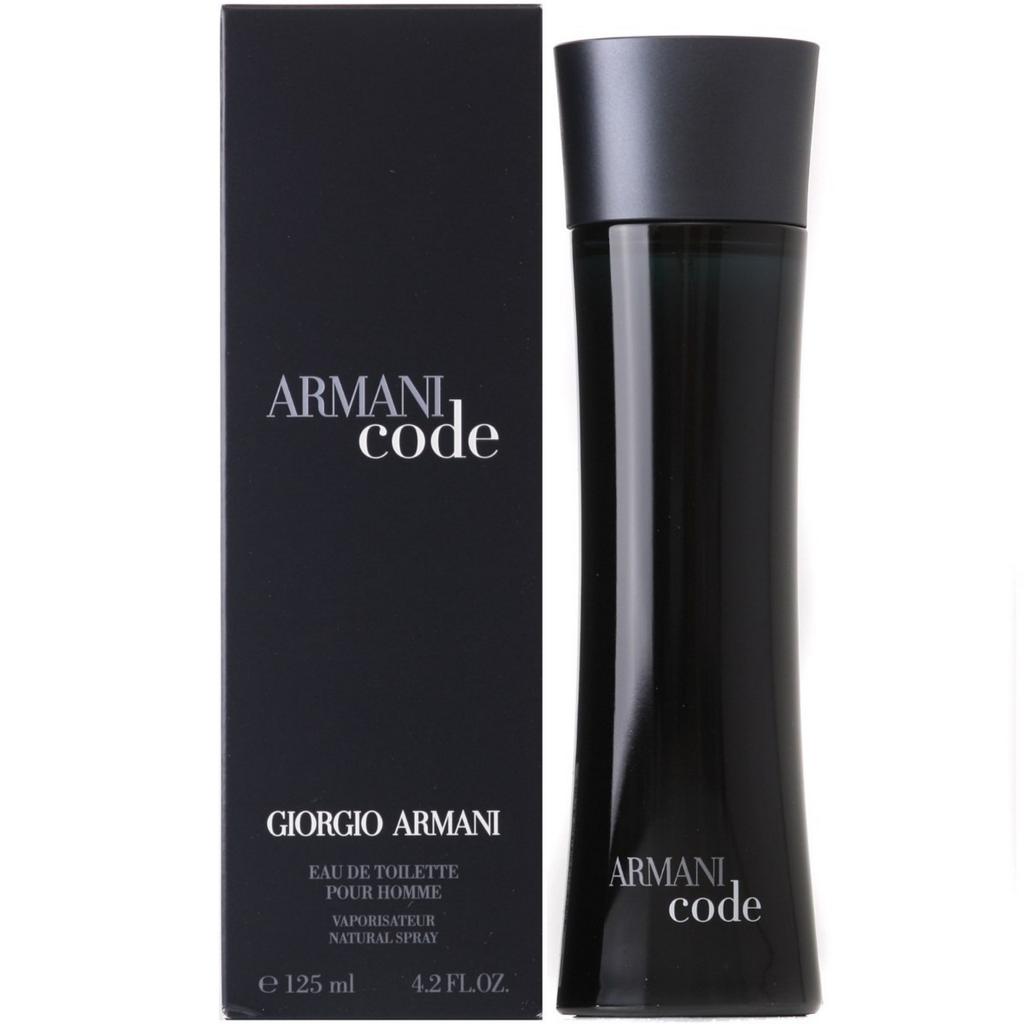 Giorgio Armani Code Eau de Toilette bottle and its black packaging box, shown on a plain white background.