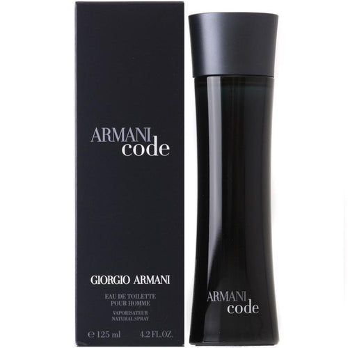 Giorgio Armani Code Eau de Toilette bottle and its black packaging box, shown on a plain white background.