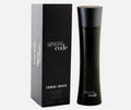 Giorgio Armani Code Eau de Toilette bottle and packaging box, both in black, on a light gray background.