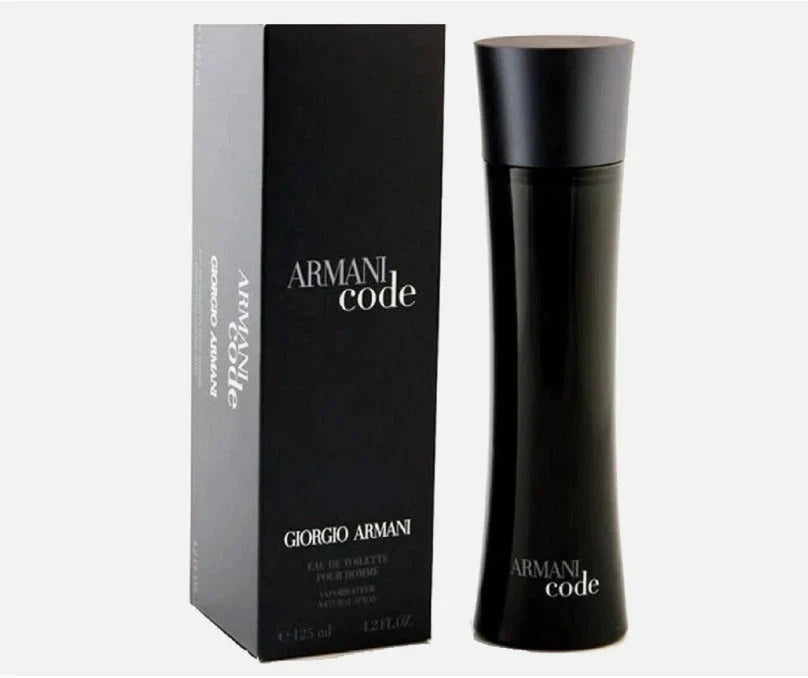 Giorgio Armani Code Eau de Toilette bottle and packaging box, both in black, on a light gray background.