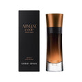 Giorgio Armani Code Profumo perfume bottle next to its black packaging box, featuring a gradient amber-brown design with a metallic copper cap and black band.