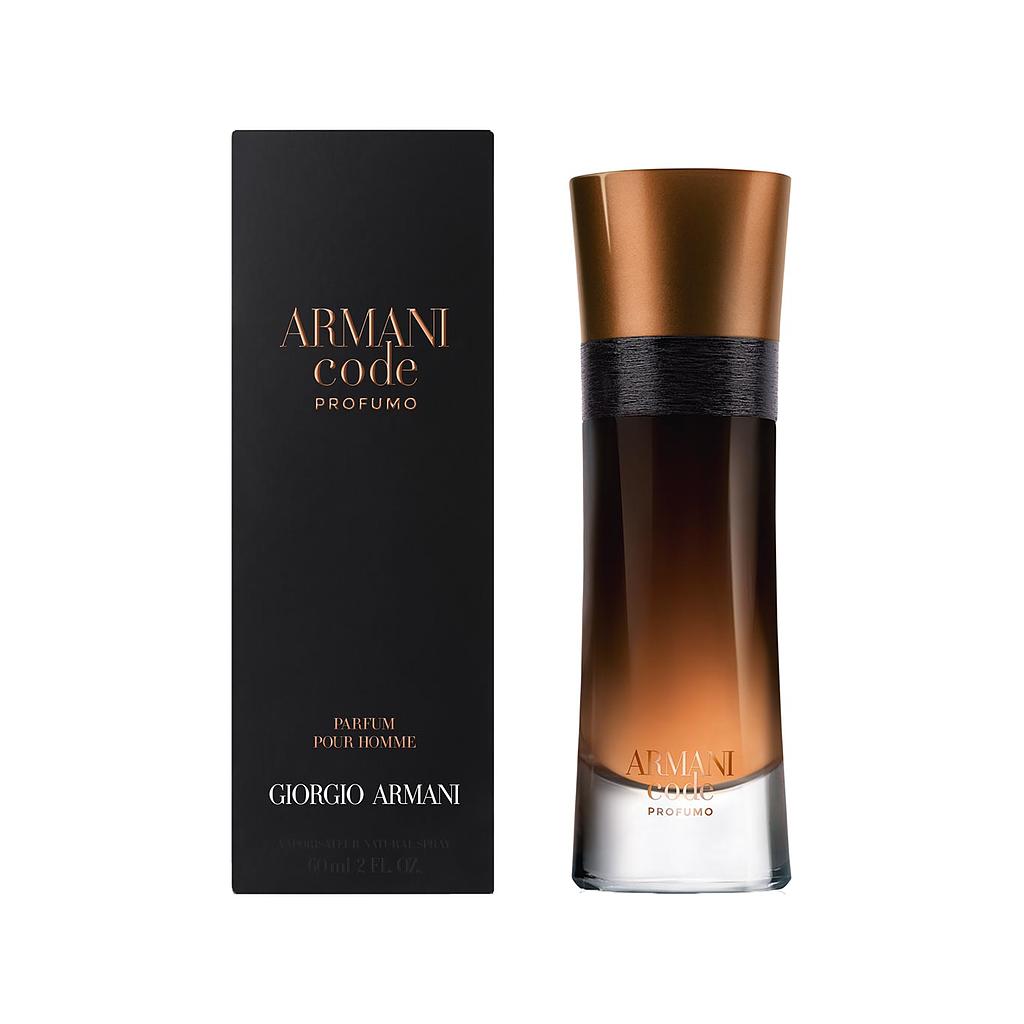 Giorgio Armani Code Profumo perfume bottle next to its black packaging box, featuring a gradient amber-brown design with a metallic copper cap and black band.