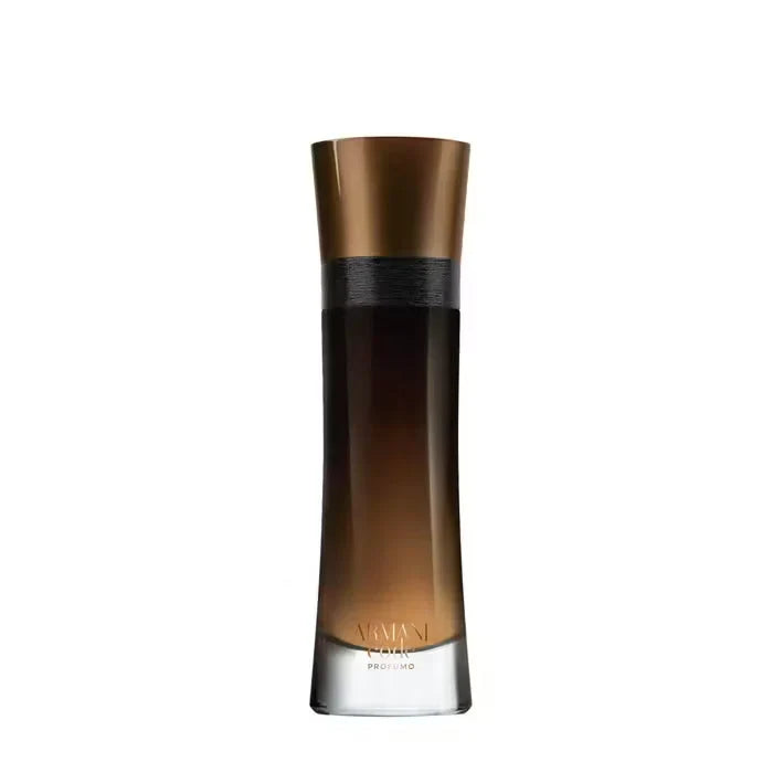 Perfume bottle with brown and gold design on a white background