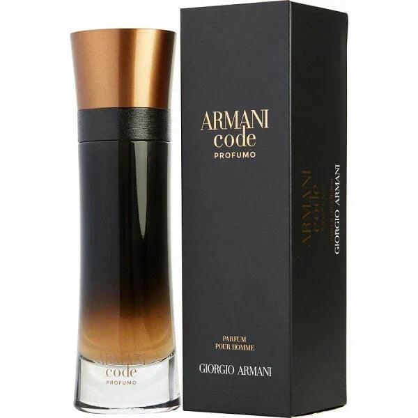 Giorio Armani Code Profumo perfume bottle next to its black packaging box, featuring a gradient amber-brown glass bottle with a metallic copper cap and a black band.