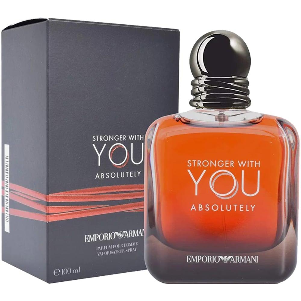 Emporio Armani perfume bottle and packaging with 'Stronger with You Absolutely' text.