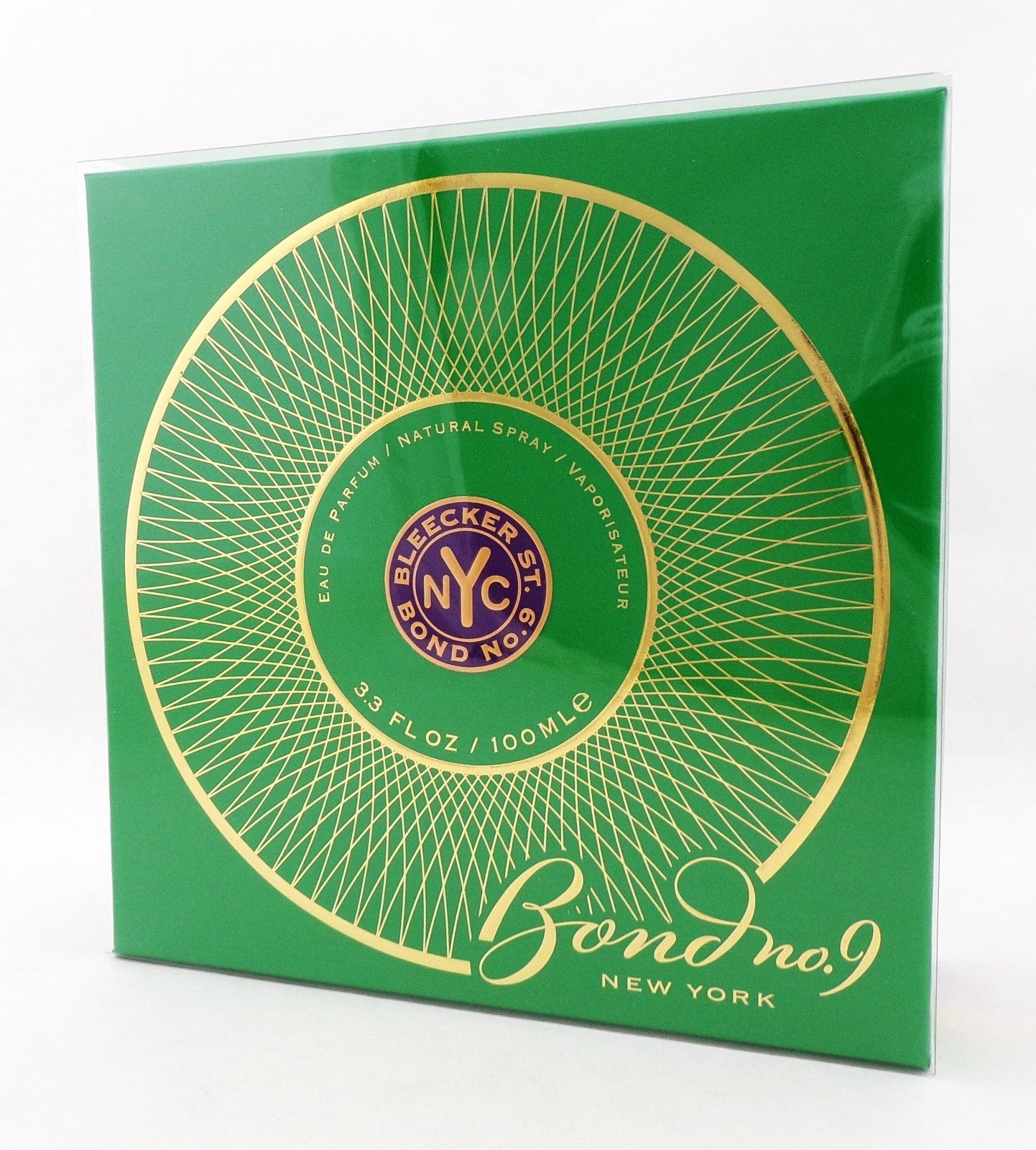 Green packaging with gold and purple design featuring 'Bleecker St.' and 'Bond No. 9 New York'.