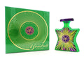 Green perfume bottle and packaging with 'Bond No. 9' branding on a white background