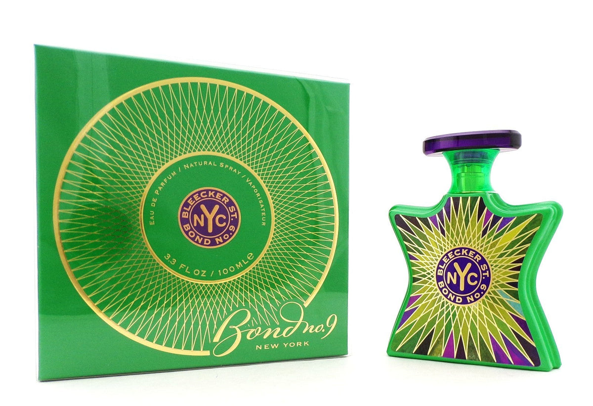 Green perfume bottle and packaging with 'Bond No. 9' branding on a white background