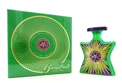 Green perfume bottle and packaging with 'Bond No. 9' branding on a white background