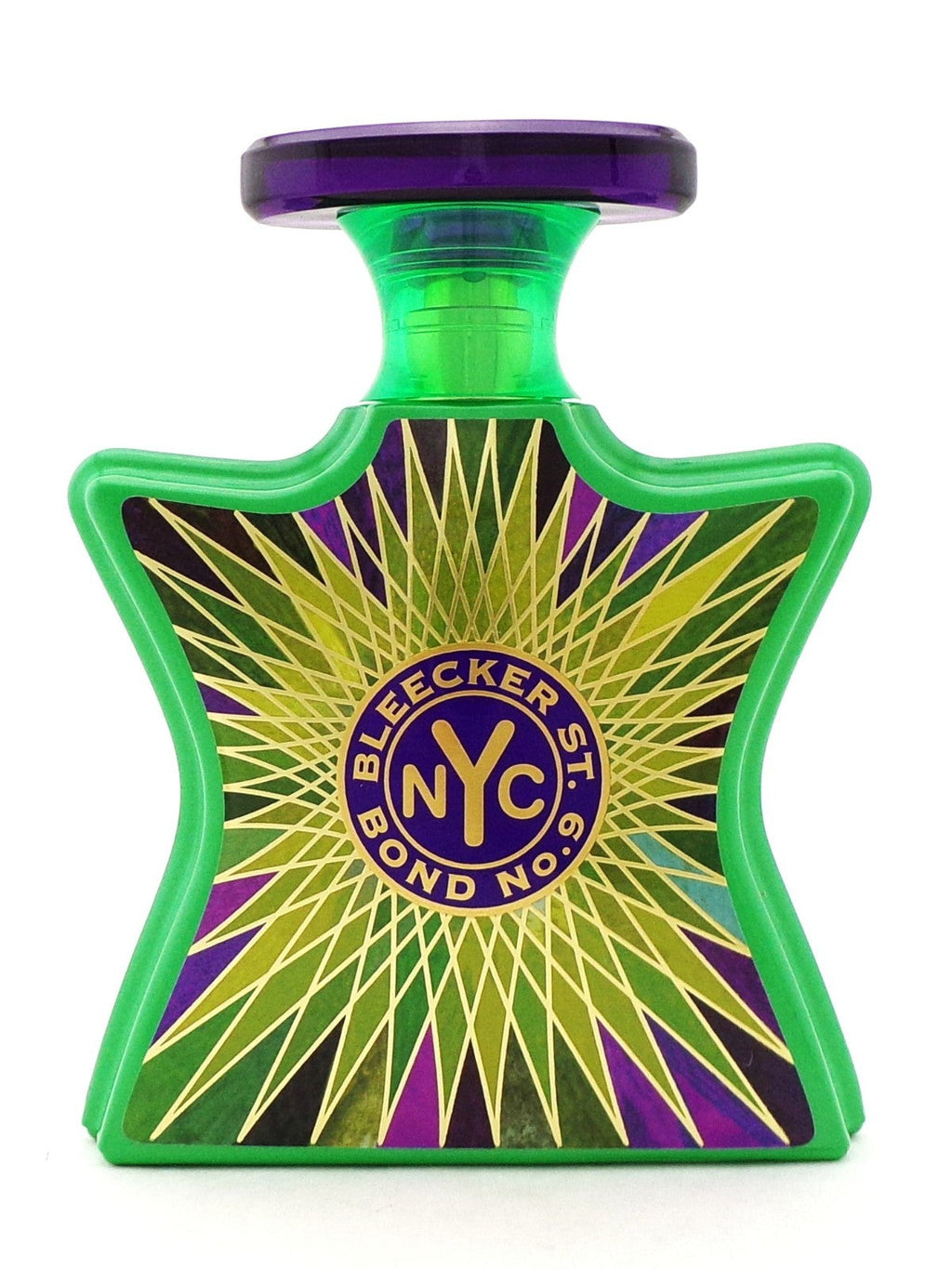 A green perfume bottle with a star-shaped body, featuring a purple and gold sunburst design and a central circular 'Bleeker St. 6 Bond No.
