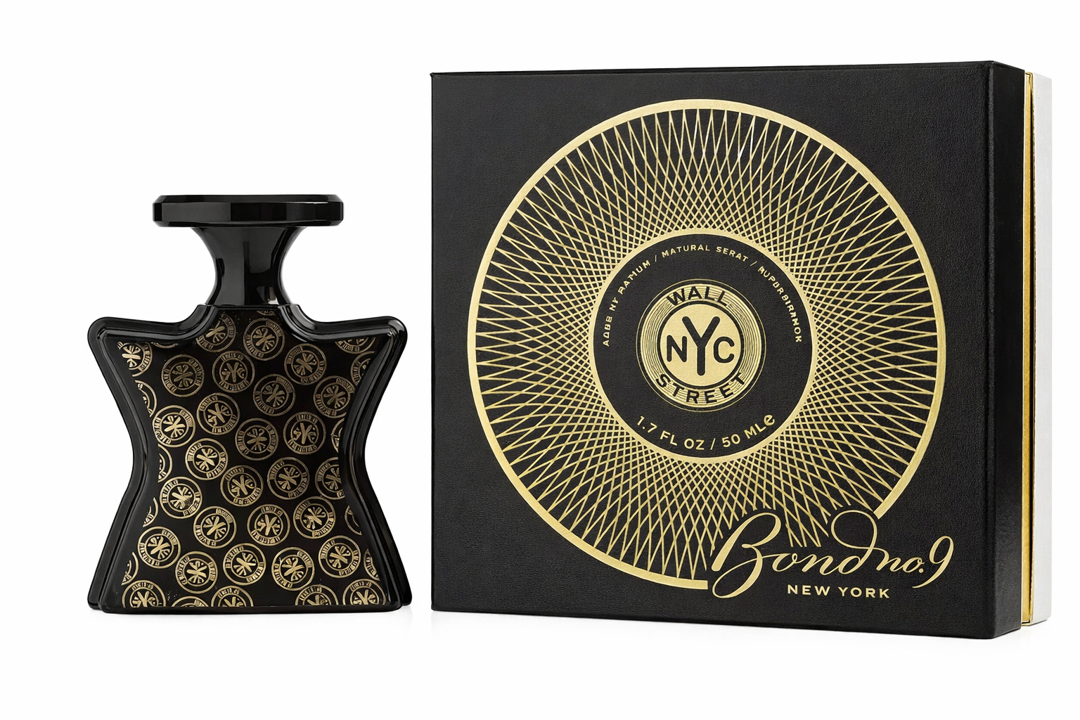 Black and gold perfume bottle and packaging with 'Bond No. 9' branding on a white background